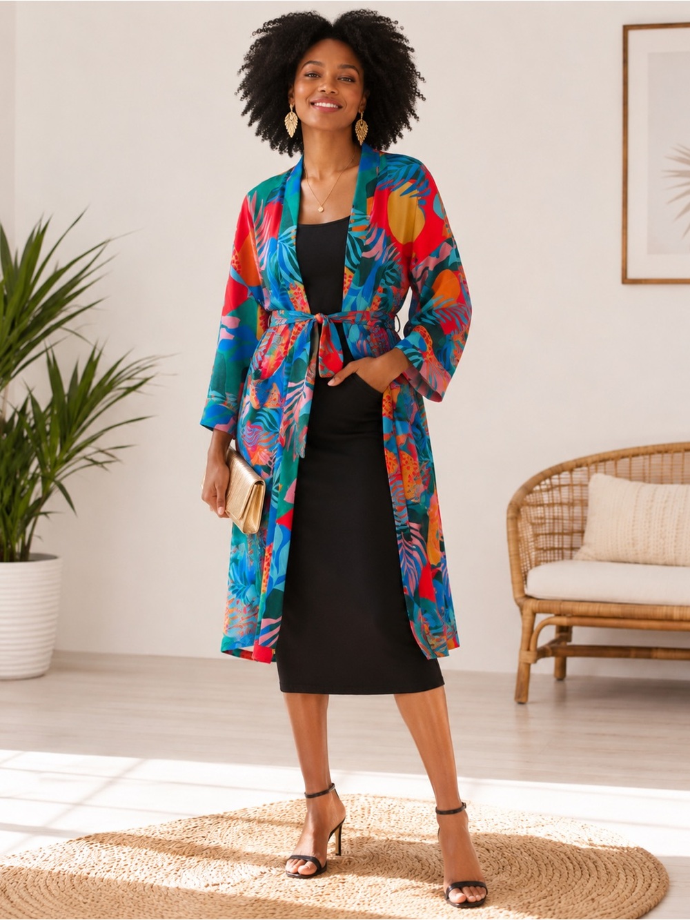 Dress Forum Multicolor Floral Print Duster/with Belt- Teal, Red & Gold- EUC